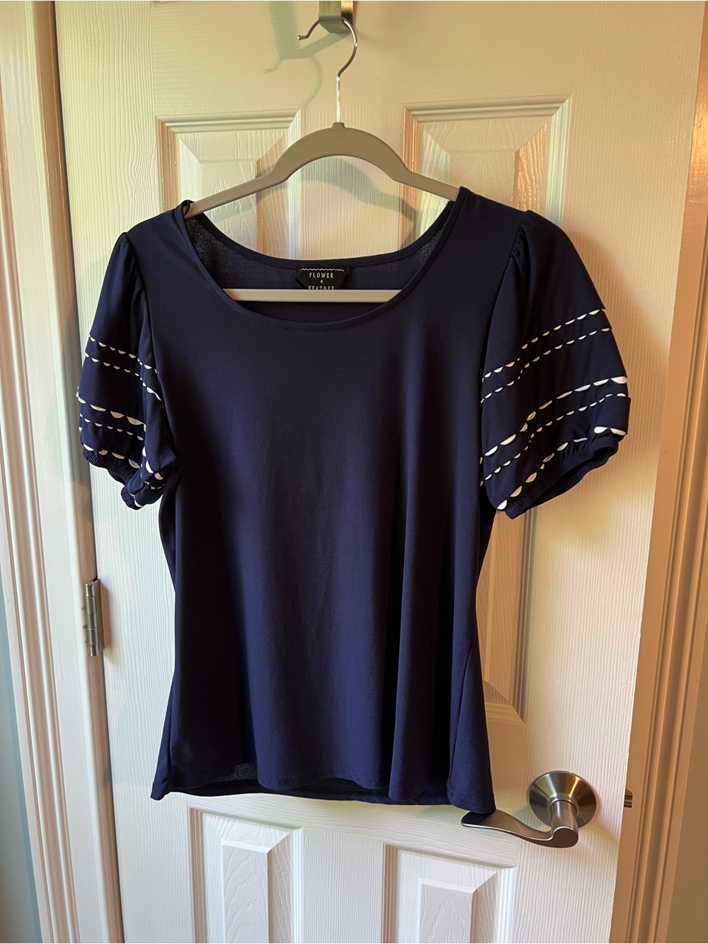Flower Patch Navy Puff Sleeve Blouse with Contrast Stitching